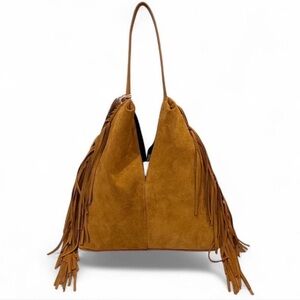NWT Divina Firenze Suede Leather Fringe Hobo Shoulder Bag Tan Brown